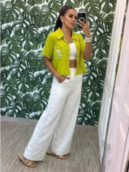 Milk & Honey Pants - Cropped Button-Front Shirt in Lime Green